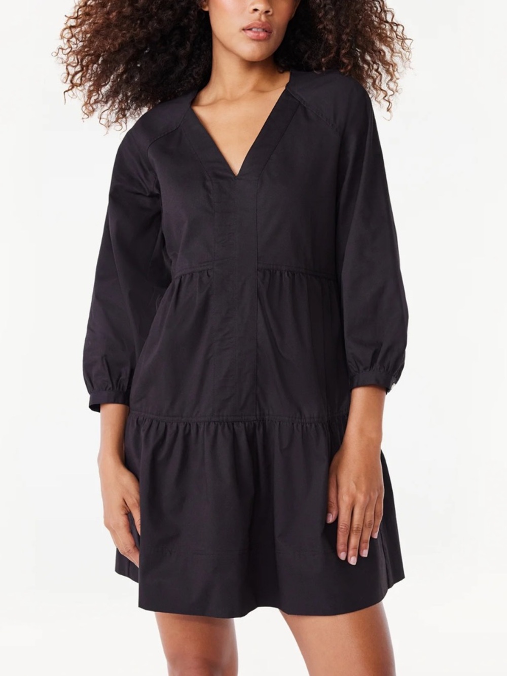 Free Assembly Black V-Neck Tiered Cotton Dress M